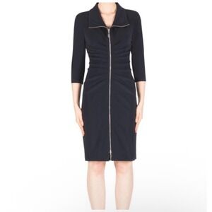 Joseph Ribkoff Vintage Black Ruched Zippered Front Sheath Dress 3/4 Sleeve Sz 14